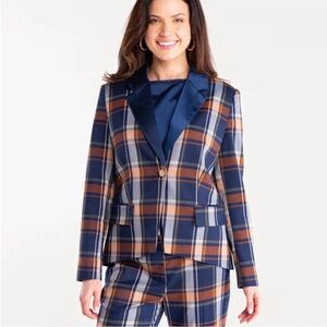 S’EDGE Navy Plaid Blazer Classic Academia Preppy‎